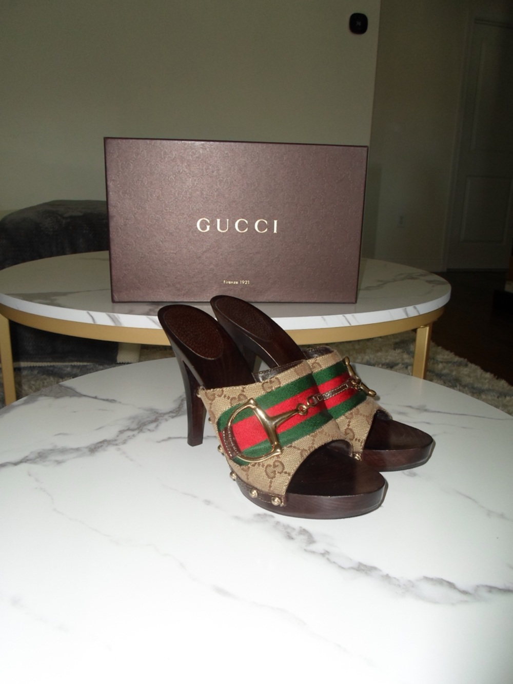 Gucci Brown GG Canvas Wood Platform Slides with Red and Green Web